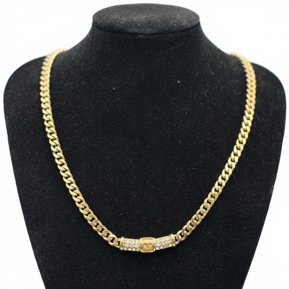 Christian Dior Women’s Rhinestone Crystal Gold Tone Chain Necklace Authentic - Picture 1 of 5